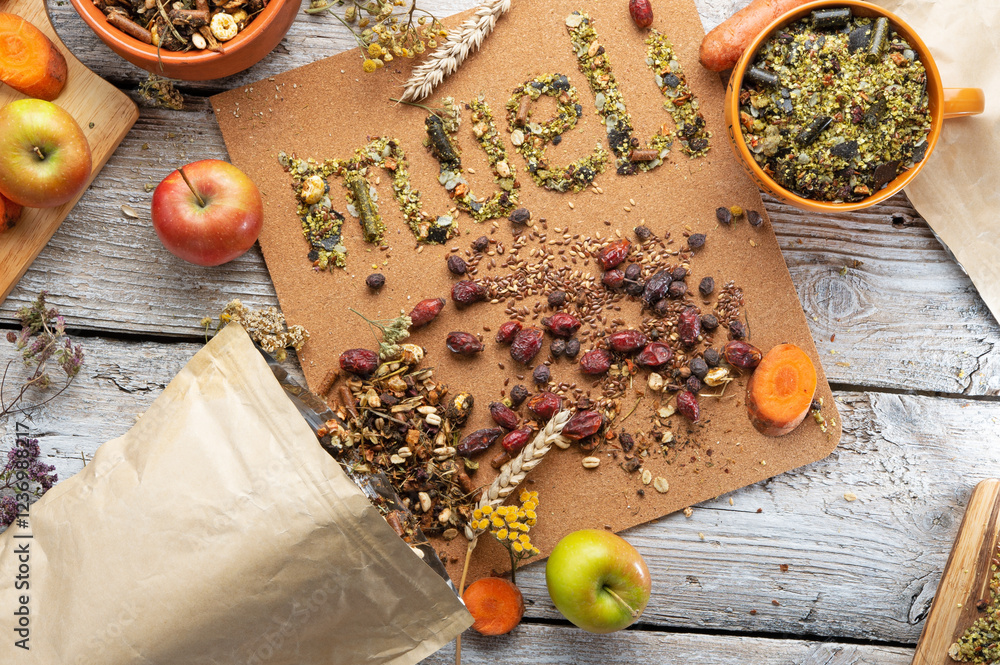 special muesli and granules for senior horses served in bowl around muesli background. feeding and horse care concept.