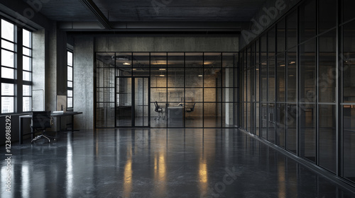Wallpaper Mural dark evening empty loft studio office room glass wall with reflections 3d render illustration Torontodigital.ca