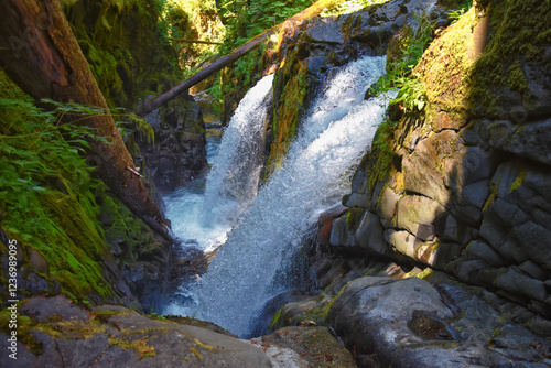 Sol Duc Falls Soleduck waterfall view in summer 2024 Olympic National Park, Washington, United States