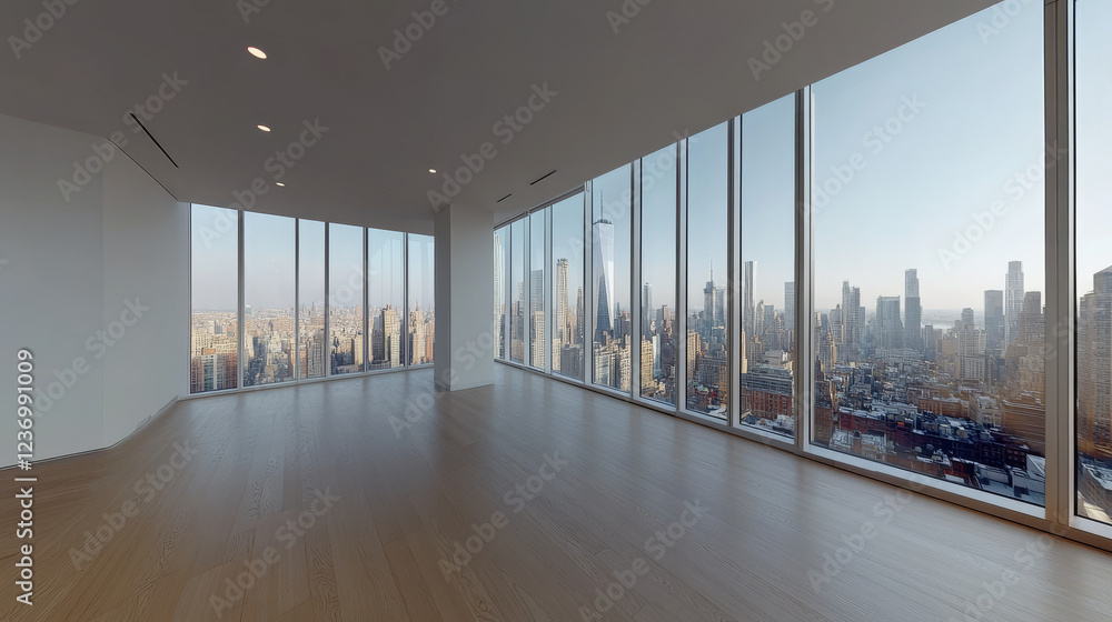 360 panorama of a modern empty room with large windows and city views vr environment map. 3D Illustration 360 panorama of a modern empty room with large windows and city views vr environment map. 3D Illustration