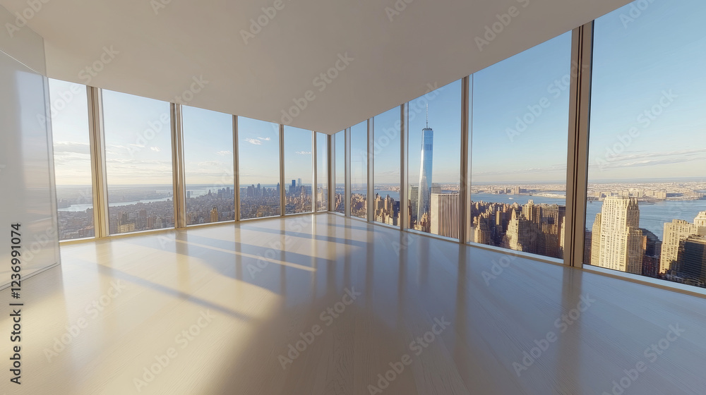 Fototapeta premium 360 panorama of a modern empty room with large windows and city views vr environment map. 3D Illustration