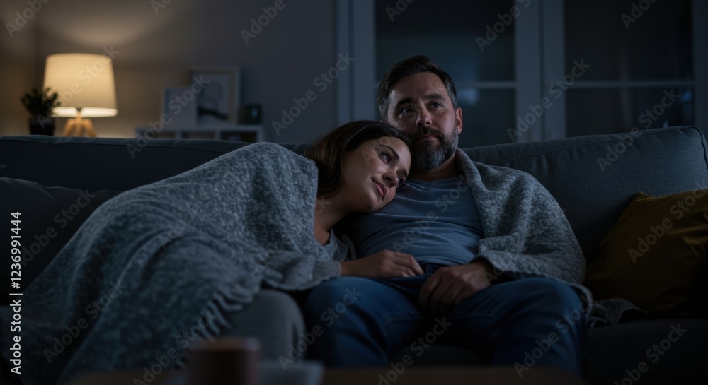 Fototapeta premium A couple relaxes on a living room couch, wrapped in a cozy blanket, enjoying watching movies together