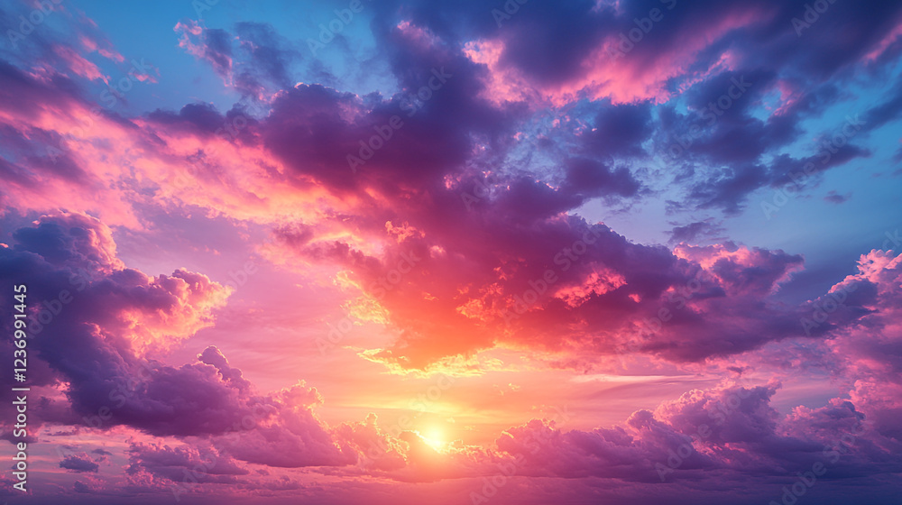 Fototapeta premium Beautiful sunset with vibrant colors and dramatic clouds over the horizon during twilight