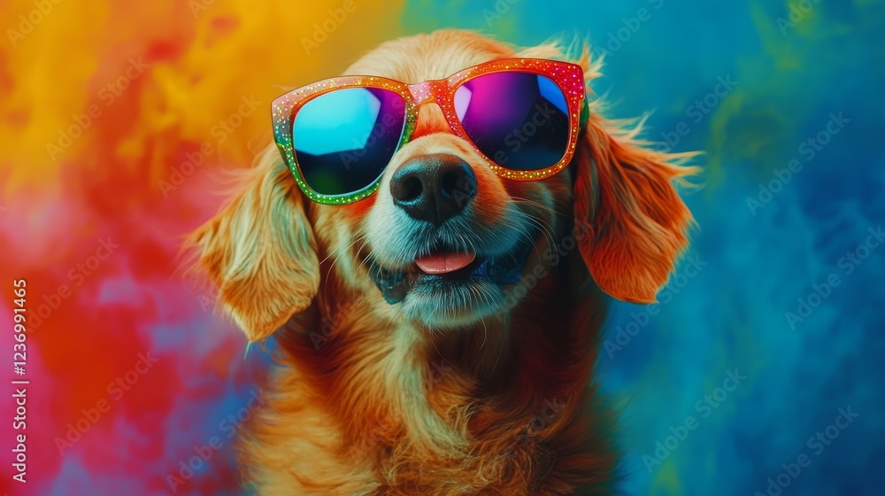Dog wearing colorful disco sunglasses on party composition background Dog wearing colorful disco sunglasses on party composition background