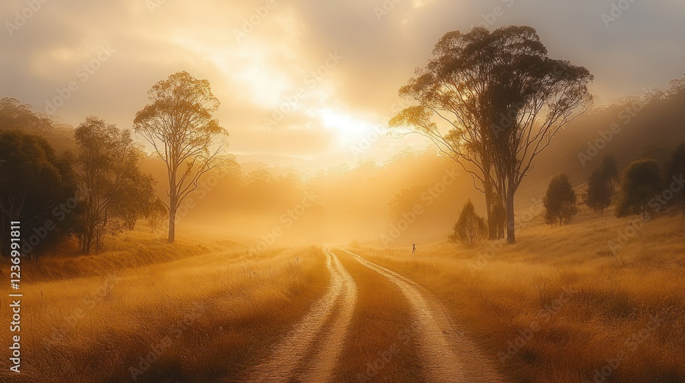 Golden Sunrise Path: A Misty Morning's Journey Golden Sunrise Path: A Misty Morning's Journey