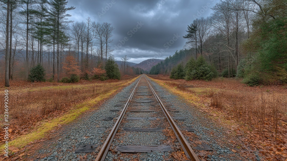 Fototapeta premium Railroad Tracks Leading to Mountains under a Dramatic Sky