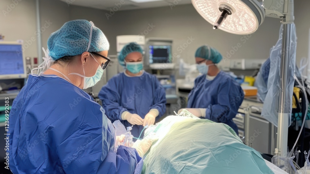A focused medical team clad in blue scrubs and masks, performing a surgery under bright operating room lights, showcasing precision and teamwork. A focused medical team clad in blue scrubs and masks, performing a surgery under bright operating room lights, showcasing precision and teamwork.