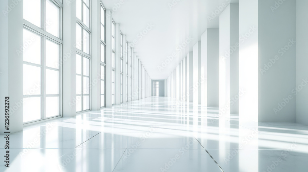 Obraz premium Modern white building interior with open space and natural light 3d render illustration. 3D Illustration