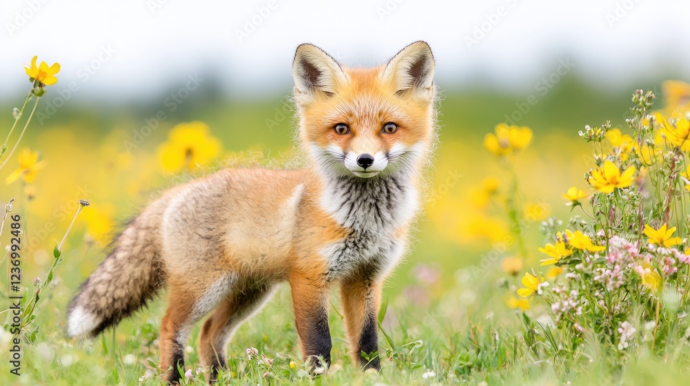 Fototapeta premium Red fox kit in yellow flower meadow