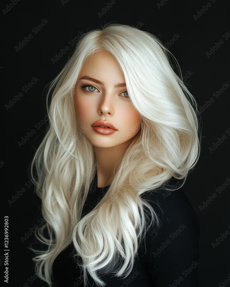 Fototapeta premium Stunning Portrait of a Woman with Long Platinum Blonde Hair. Generative AI.