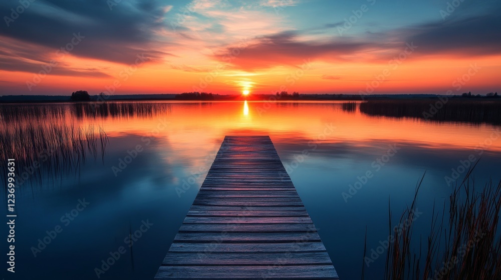 The picturesque view of a serene sunset reflecting on a calm lake, with a wooden dock extending into the water, evoking feelings of peace and tranquility. The picturesque view of a serene sunset reflecting on a calm lake, with a wooden dock extending into the water, evoking feelings of peace and tranquility.