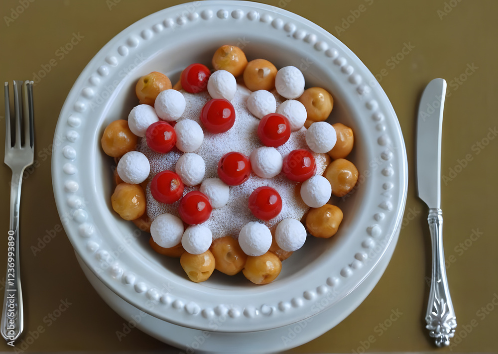 Decorative plate of struffoli with powdered sugar and red candies, arranged in a pattern, with cutlery placed on either side Decorative plate of struffoli with powdered sugar and red candies, arranged in a pattern, with cutlery placed on either side