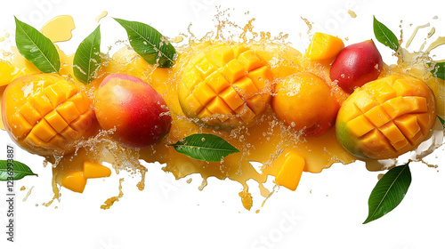 Juicy Mangoes Splashing Tropical Summer Fruit, Sweet Green Drink, isolated on transparent background.