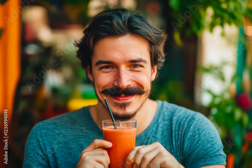 A man with a mustache enjoying a healthy smoothie. 