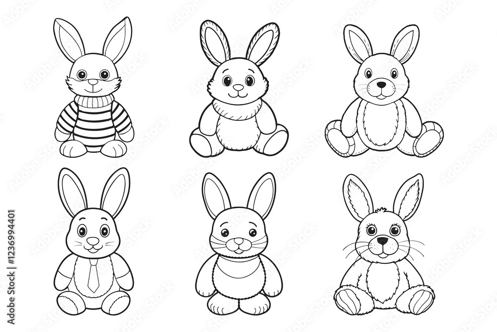 Obraz premium Set of cute plush bunnies for coloring. Collection of plush toys. Illustration, sketch