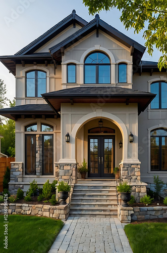 Wallpaper Mural Luxury Home Exterior: Modern Architectural Design with Stone Facade and Landscaped Garden Torontodigital.ca