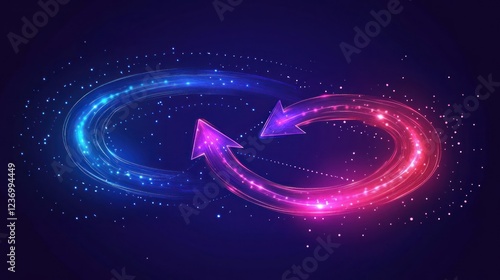 Glowing circular arrows, infinite loop, digital, abstract background, tech concept