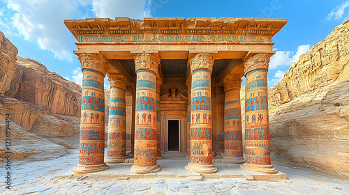 Desert Temple Ancient sandstone structure in arid landscape, sunny day. Historical site tourism