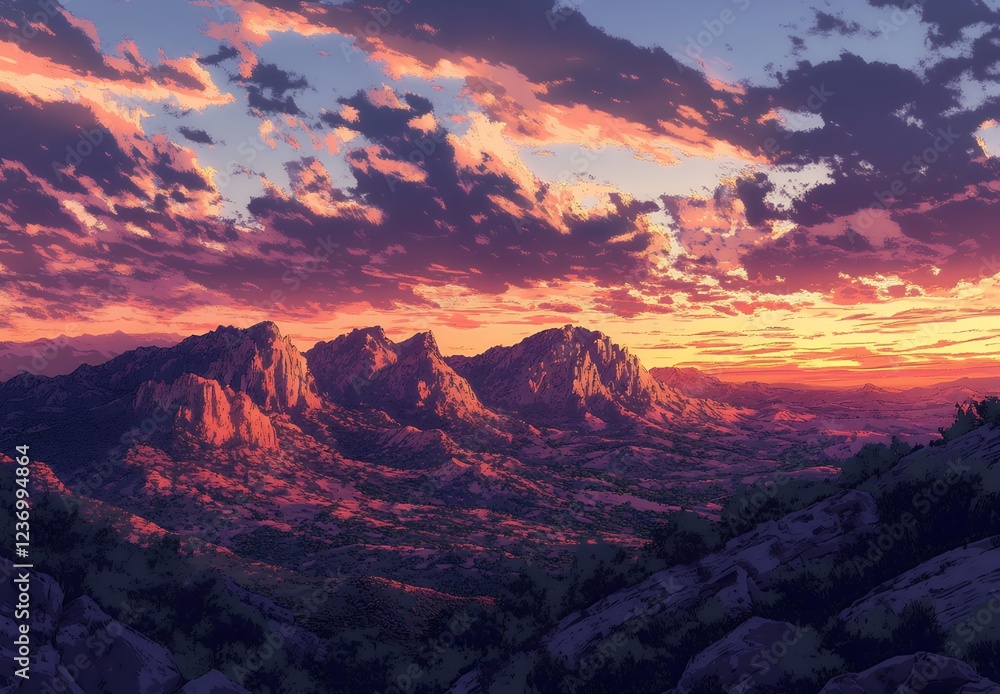 Obraz premium Majestic Mountain Range Sunset Landscape Dramatic Pink and Orange Sky over Rugged Peaks