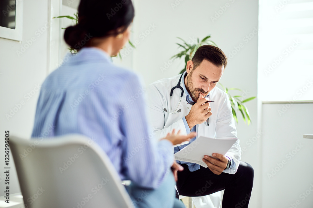Fototapeta premium Medical Consultation Between Doctor and Patient in a Brightly Lit Office