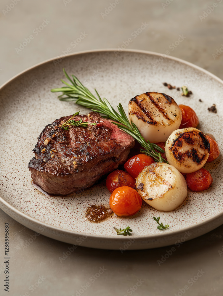 Grilled medium-rare steak with scallops and cherry tomatoes on a ceramic plate Grilled medium-rare steak with scallops and cherry tomatoes on a ceramic plate