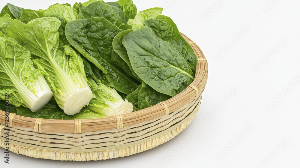 Fresh leafy greens in bamboo basket, perfect for healthy meals Fresh leafy greens in bamboo basket, perfect for healthy meals