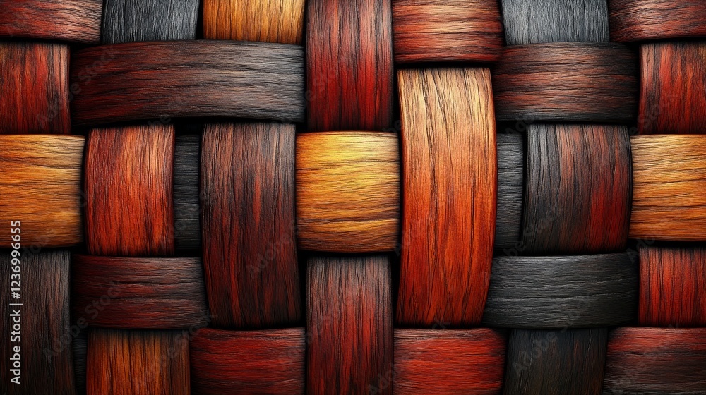 A visually striking pattern made of woven wooden elements, combining vibrant colors and smooth finishes that evoke a sense of harmony and artistic flair. A visually striking pattern made of woven wooden elements, combining vibrant colors and smooth finishes that evoke a sense of harmony and artistic flair.