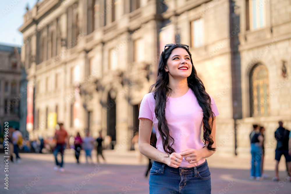 Fototapeta premium Happy young Latina woman with wavy hair, pink t-shirt, jeans, and a red backpack walks in front of the MUNAL museum in Mexico City, enjoying a sunny day and historic architecture.