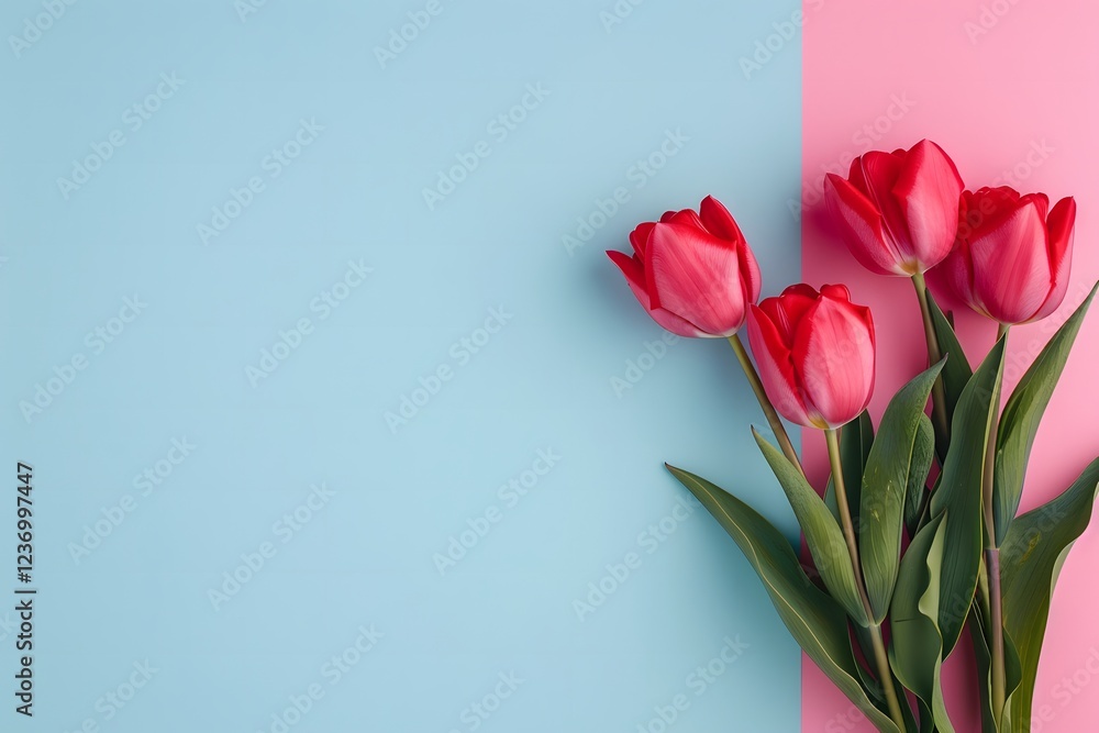 Fototapeta premium Minimalistic floral arrangement with red tulips on pastel blue and pink background romantic spring composition