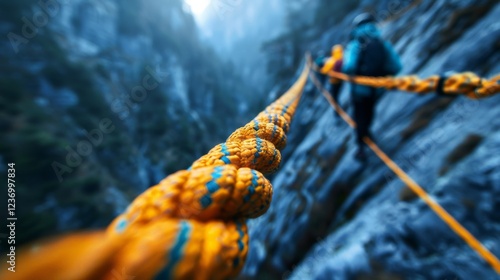 An adventurous climber traverses a high rope above a dramatic mountainous landscape, encapsulating the essence of adventure, risk, and the thrill of exploration. photo