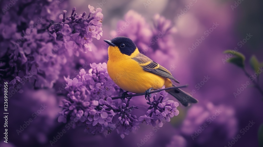Obraz premium A beautifully detailed yellow bird perched on lilac blooms symbolizes spring's awakening, bringing a sense of nature's beauty and vibrant colors to life.