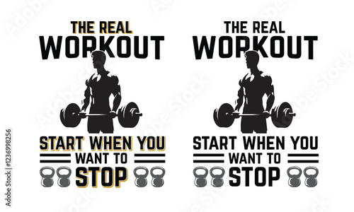 Gym motivational quote with grunge effect and barbell. Workout inspirational Poster. Vector design for gym, textile, posters, t-shirt, cover, banner, cards, cases, etc.