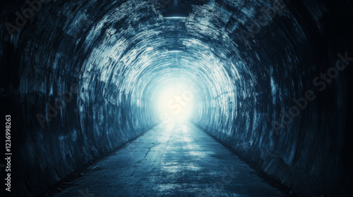 Fototapeta Naklejka Na Ścianę i Meble -  Eerie Industrial Tunnel with Bright Light 3d render wallpaper background. 3D Illustration
