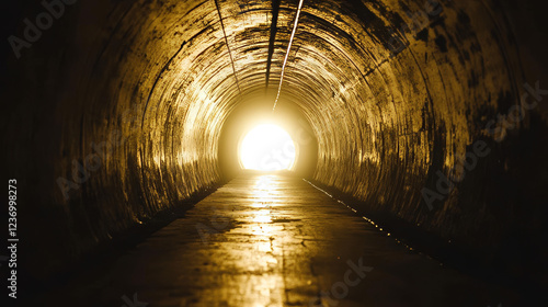 Fototapeta Naklejka Na Ścianę i Meble -  Eerie Industrial Tunnel with Bright Light 3d render wallpaper background. 3D Illustration
