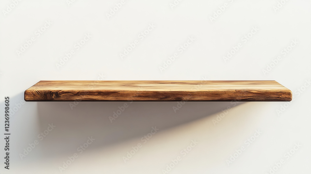 Empty brown wood plank board shelf on white wall background 3d illustration render Empty brown wood plank board shelf on white wall background 3d illustration render