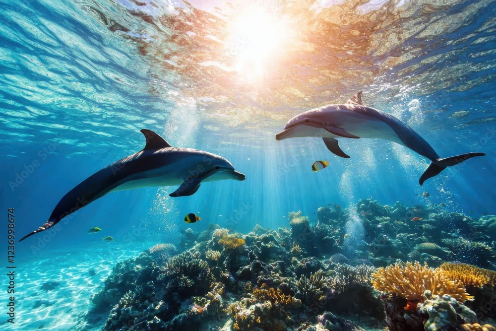 Fototapeta premium Joyful interaction of dolphins and colorful fish in an enchanting underwater world coral reef nature photography vibrant environment serene viewpoint