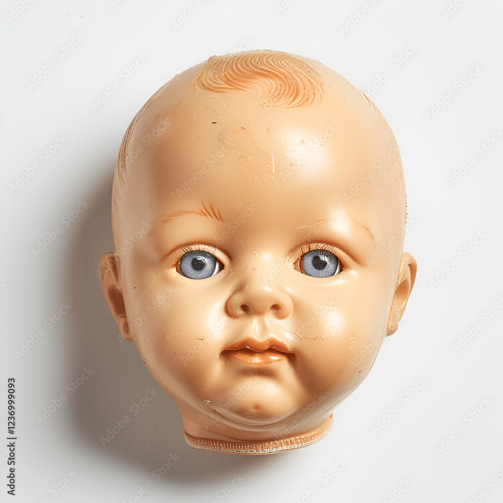 plastic doll head with detailed features on a white background plastic doll head with detailed features on a white background