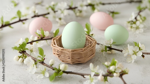 Happy Easter day, colored Easter eggs in a nest, Easter eggs and flowers background with copy space. Easter Celebration. 