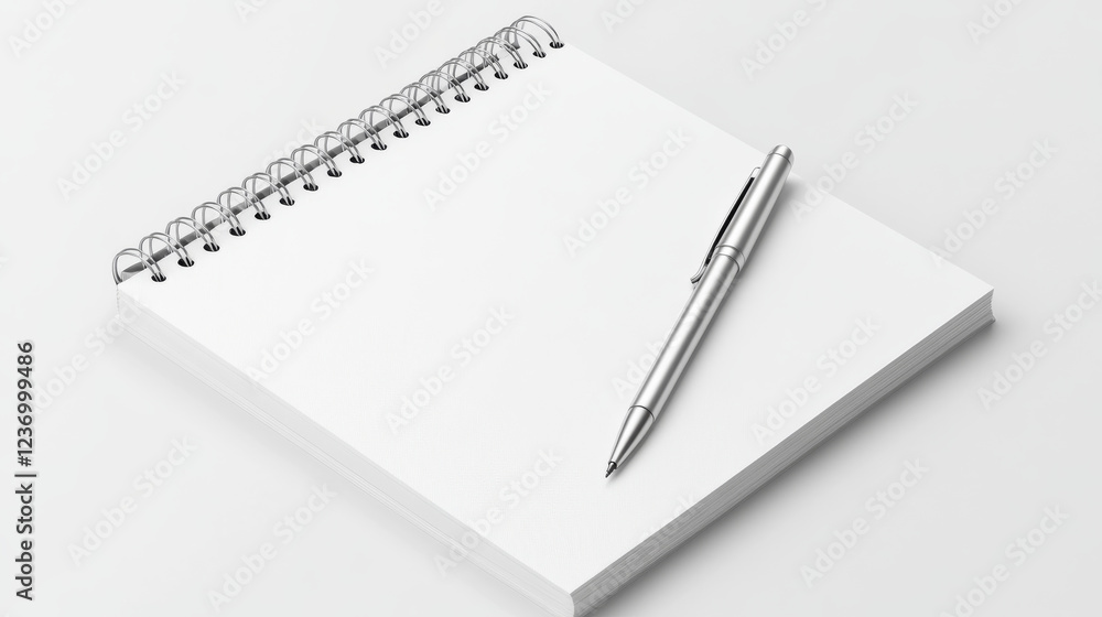 empty horizontal white paper spiral notebook with a metal pen 3d render illustration empty horizontal white paper spiral notebook with a metal pen 3d render illustration
