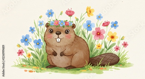Adorable Beaver in Flower Crown Watercolor Illustration