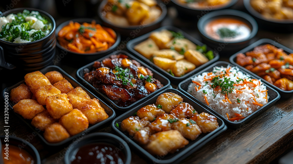 Diverse Asian fusion food dishes buffet Diverse Asian fusion food dishes buffet