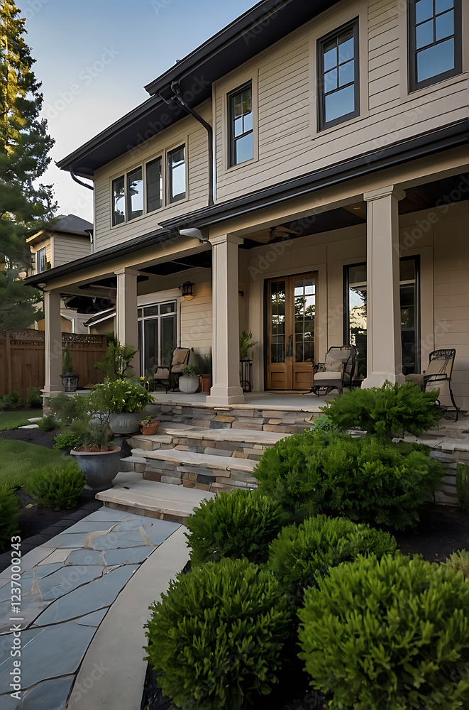 Elegant Home Exterior with Stone Steps and Landscaping. Modern Architecture meets Classic Design in this stunning residential property. Perfect for real estate listings and architectural showcases. Elegant Home Exterior with Stone Steps and Landscaping. Modern Architecture meets Classic Design in this stunning residential property. Perfect for real estate listings and architectural showcases.