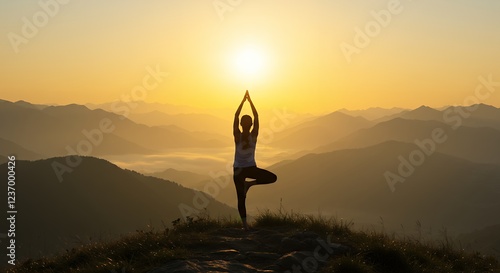 Sunrise Yoga Pose Mountain Peak Silhouette