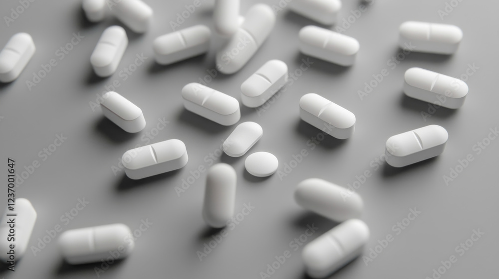 Many falling white pharma medication pills isolated on grey background 3d illustration render Many falling white pharma medication pills isolated on grey background 3d illustration render