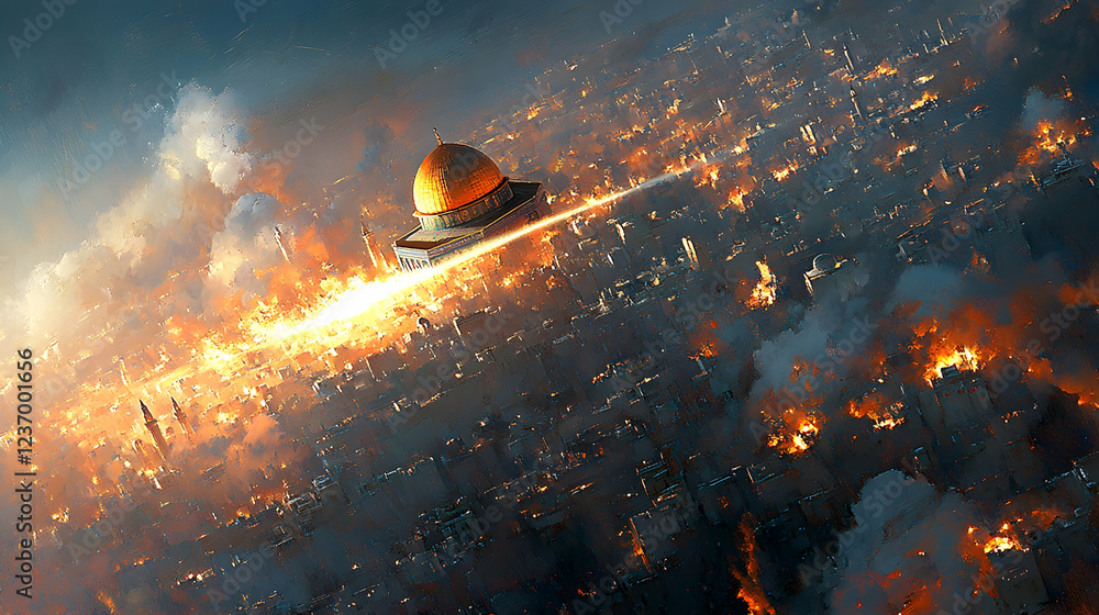 Fototapeta premium Dome of the Rock, fiery city, aerial view, war, destruction; apocalyptic concept art