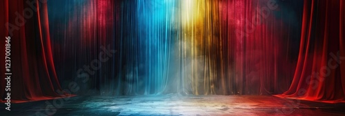 horizontal banner, world theater day, red open wings in the spotlight, old empty theater stage in smoke, mysterious and magical atmosphere, copy space, free space for text