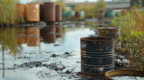 contamination concept. Factory waste disposal site with hazardous barrel photo