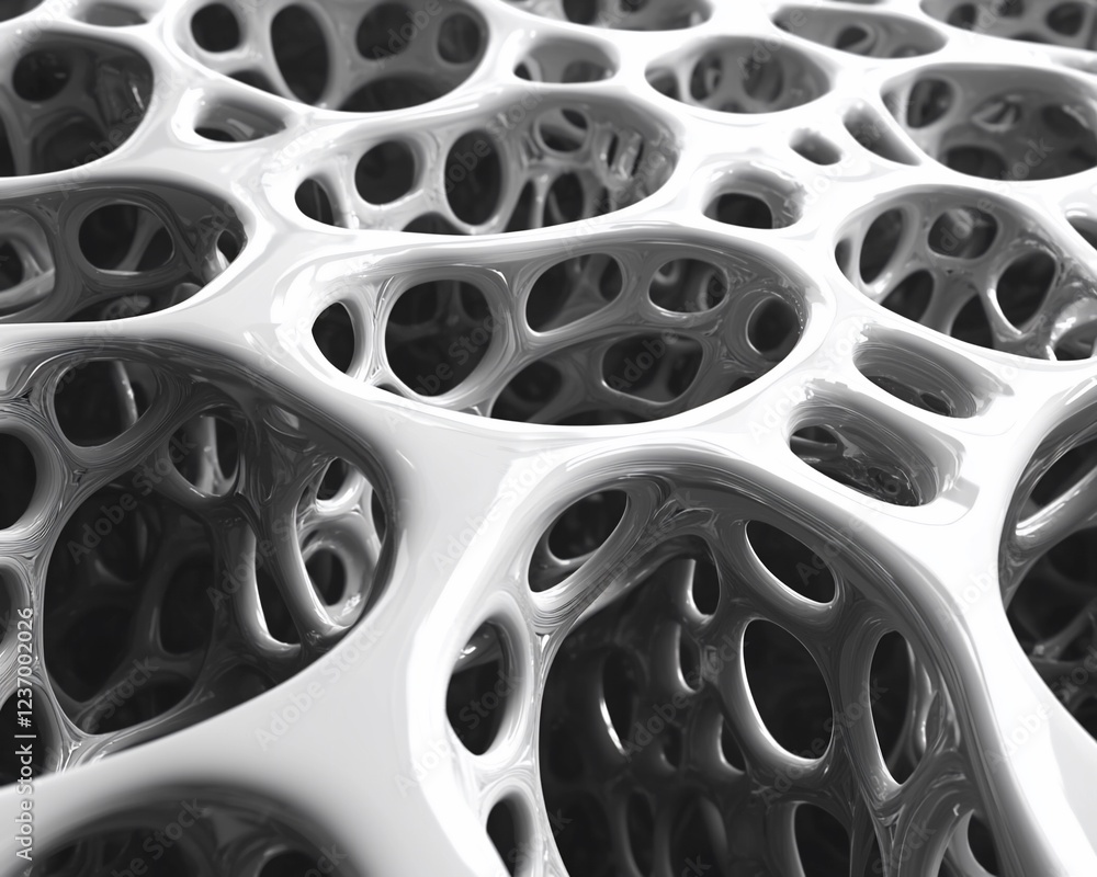 Abstract 3D rendering of interconnected, organic shapes with a glossy, white surface and dark shadows. Abstract 3D rendering of interconnected, organic shapes with a glossy, white surface and dark shadows.