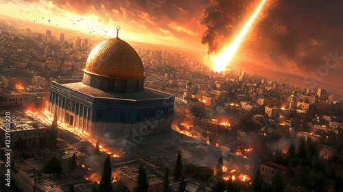 Dome of the Rock, Jerusalem, fiery meteor, apocalyptic city, disaster concept art