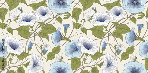 A seamless pattern of delicate blue and white morning glory flowers with green leaves on a cream background. 